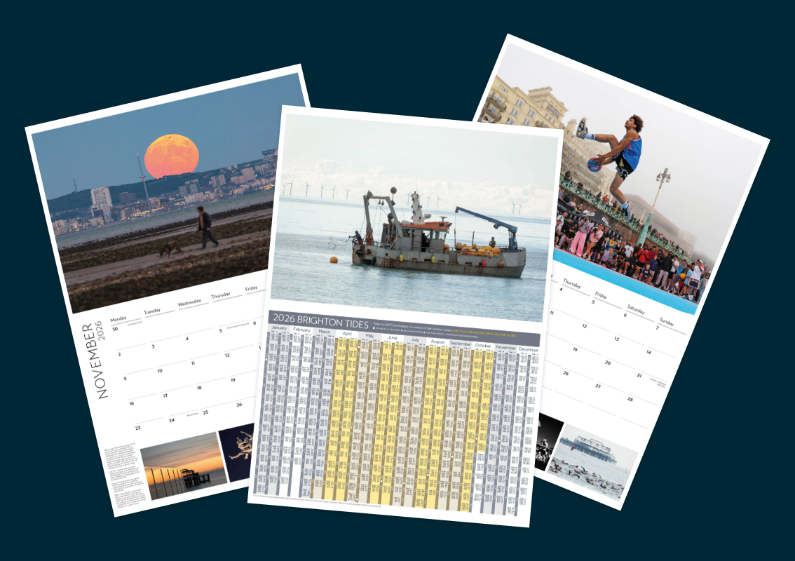 Brighton & Hove Calendar 2026 pages showing November full moon photo, 2026 Brighton tide timetable and action sports images.