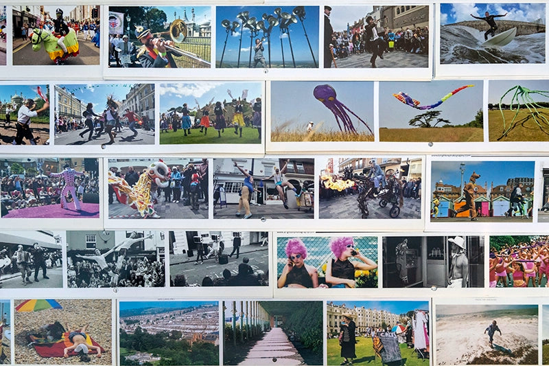 A colourful collage of Brighton street photography, featuring parades, performers, seaside scenes, and quirky moments from past calendars.