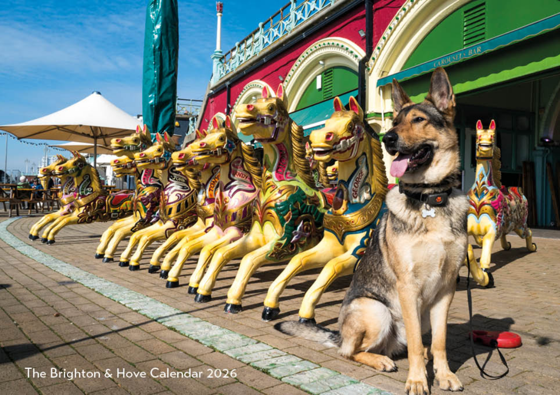 Front cover of the Brighton & Hove Calendar 2026 with a German Shepherd beside colourful carousel horses on Brighton seafront