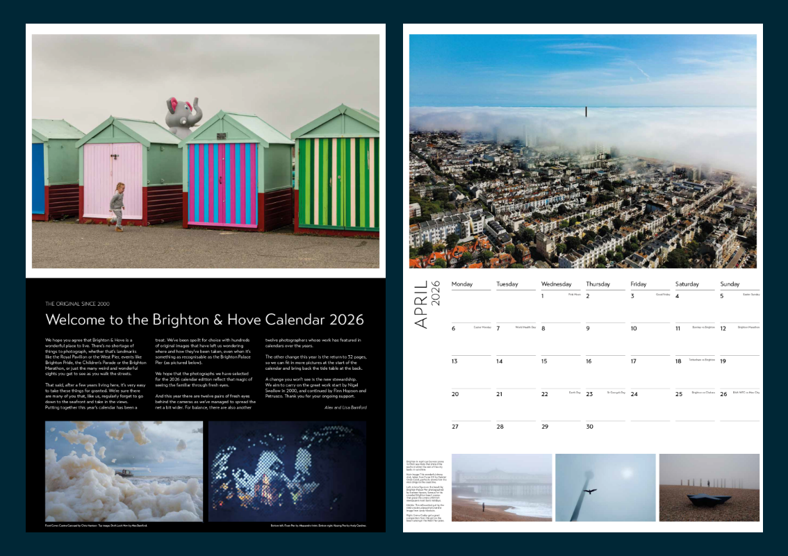 Inside pages of the Brighton & Hove Calendar 2026 showing the welcome page with colourful beach huts and the April 2026 month grid with local events