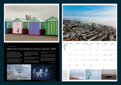 Inside pages of the Brighton & Hove Calendar 2026 showing the welcome page with colourful beach huts and the April 2026 month grid with local events