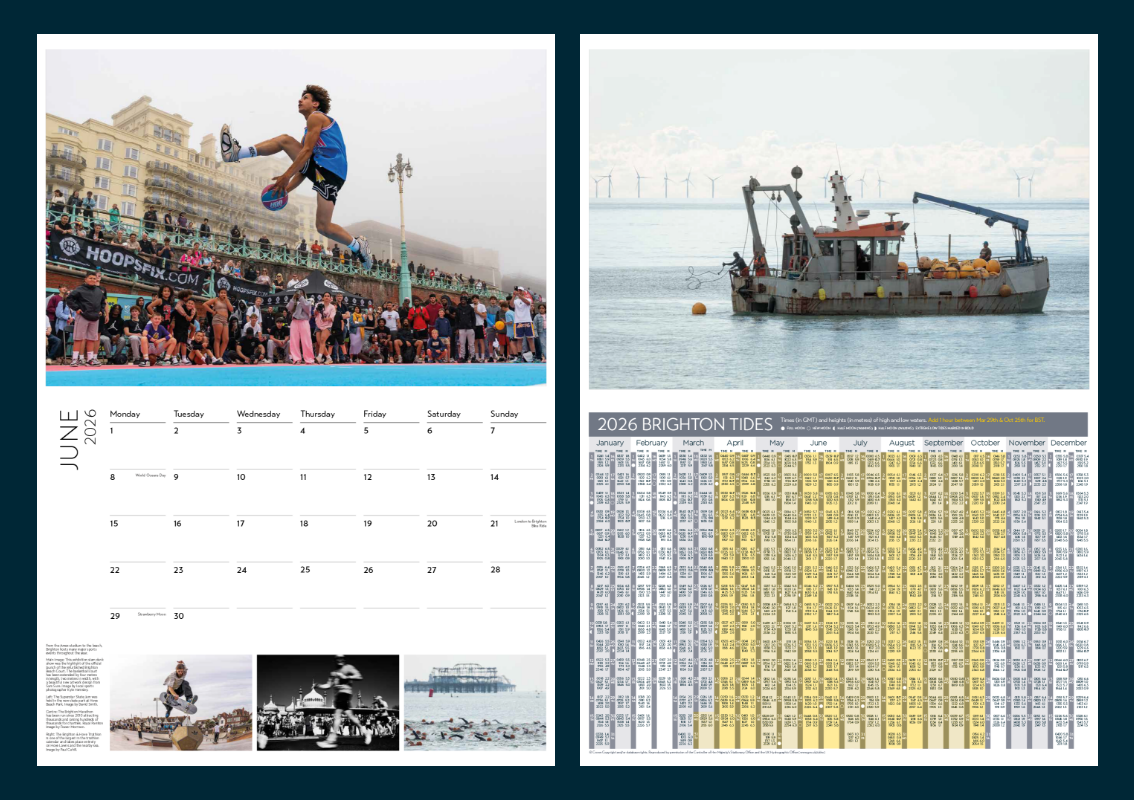 Inside pages of the Brighton & Hove Calendar 2026 featuring June’s basketball street scene and the full 2026 Brighton tide timetable
