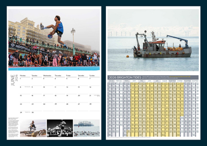 Inside pages of the Brighton & Hove Calendar 2026 featuring June’s basketball street scene and the full 2026 Brighton tide timetable