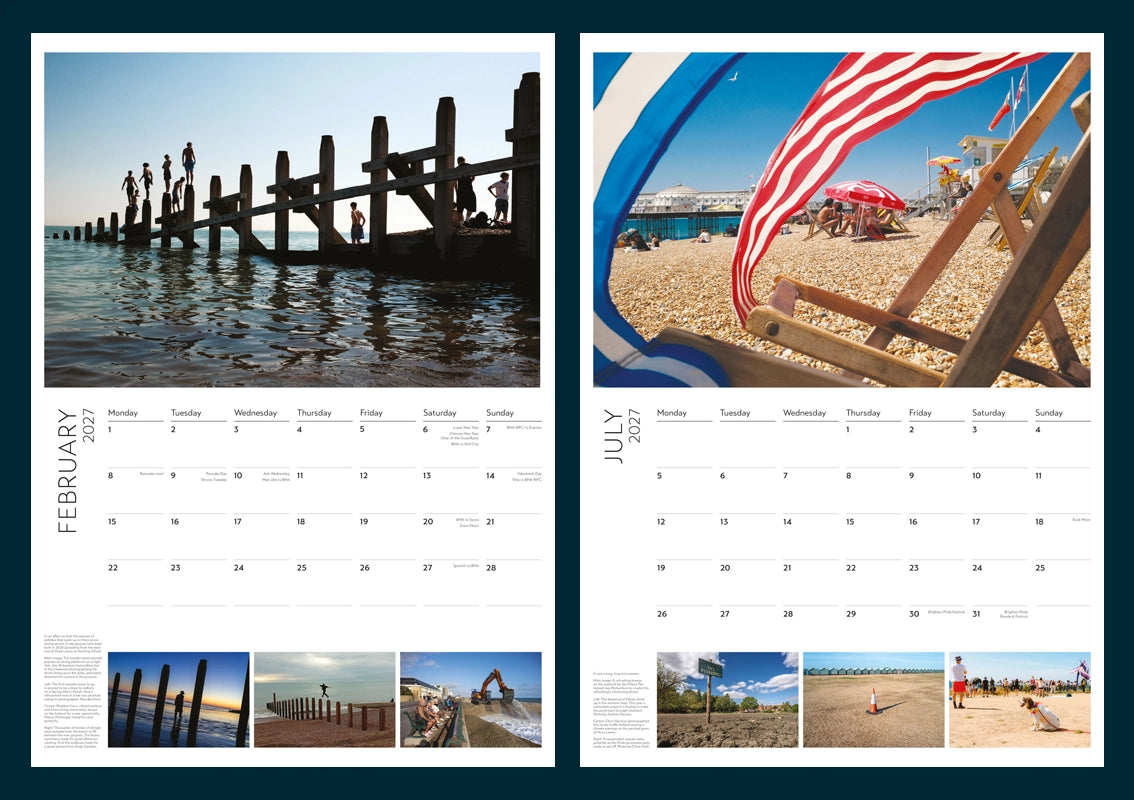 Two-page monthly calendar spreads showing Brighton beach scenes with monthly grids and small photo strips along the bottom. The left page is February 2007 and the right page is July 2007, 