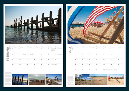 Two-page monthly calendar spreads showing Brighton beach scenes with monthly grids and small photo strips along the bottom. The left page is February 2007 and the right page is July 2007, 
