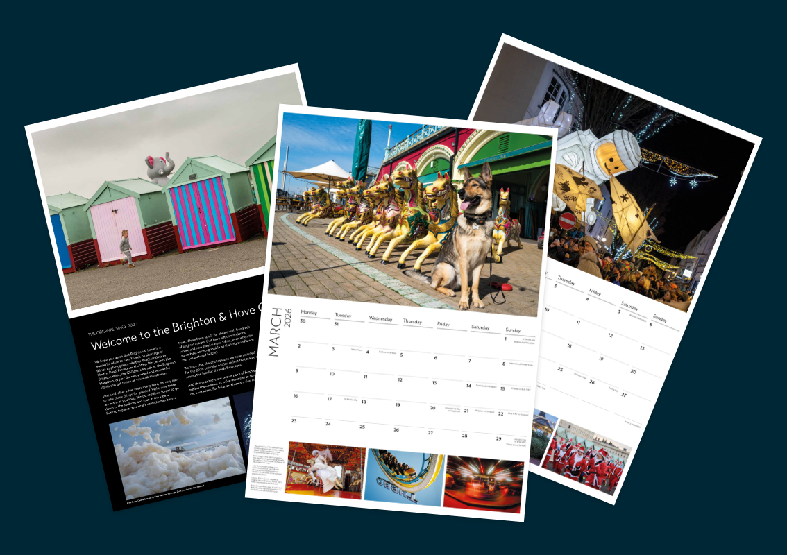 Collage of Brighton & Hove Calendar 2026 pages showing local photography, monthly date grids and tide tables for planning Brighton events.