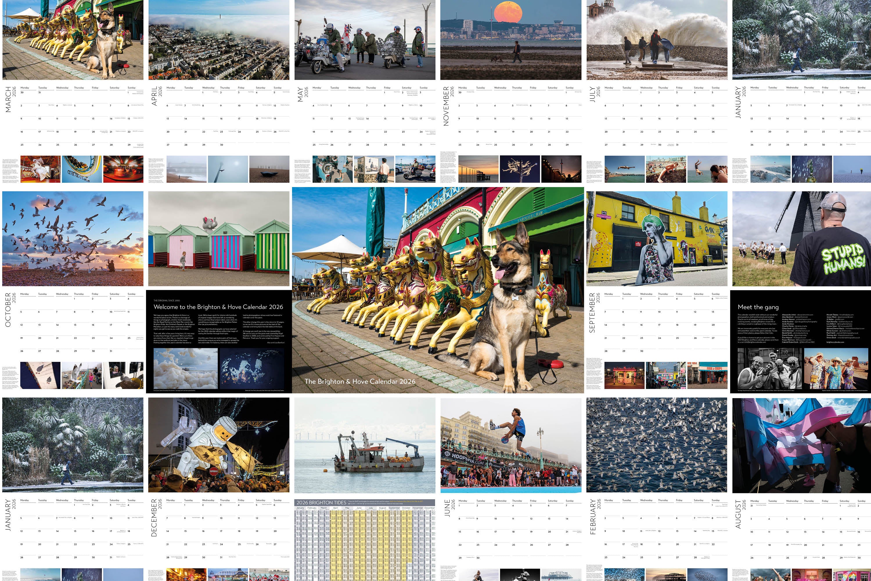 Complete spread of the Brighton & Hove Calendar 2026 showing all monthly pages, Brighton photography, key events and tide tables