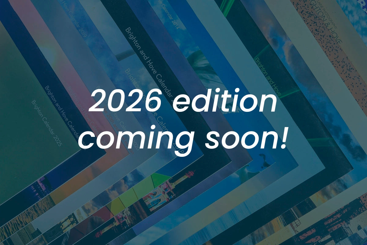 Brighton & Hove Calendar covers from 2001 to 2025, showcasing local photography and design history ahead of the 2026 calendar edition.